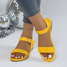 Women's Fashion Flat Sandals, Casual And Comfortable Sandals, Stylish Peep Toe Design, Adjustable Buckle Strap, Suitable For Versatile Outdoor And Daily Wear In Summer - Yellow - View 7