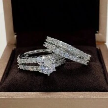 2pcs Luxury Silver-Tone Alloy Cubic Zirconia Decorated Stackable Rings, Suitable For Women's Daily Wear And Engagement - Silver - View 3