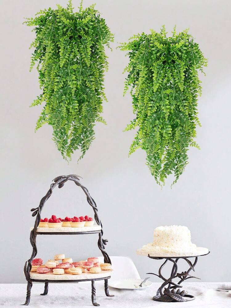 2 piezas de plantas colgantes artificiales con hojas de helecho de hierba artificial enredadera resistente a los rayos UV para exteriores, plantas verdes falsas adecuadas para la decoración colgante en interiores y exteriores de oficinas y hogares - 2 enredaderas colgantes de hojas persas. - Añade 3