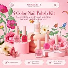AZUREBEAUTY 4 Colors Vegan Nail Polish Set, Hot Pink / Nude Pink Jelly Neon Summer Quick Dry Natural Nail Lacquer Strengthening Treatment Kit With Top Coat & Nail Polish Remover Salon At Home Mother's Day Gift - 彩色 - 查看 6
