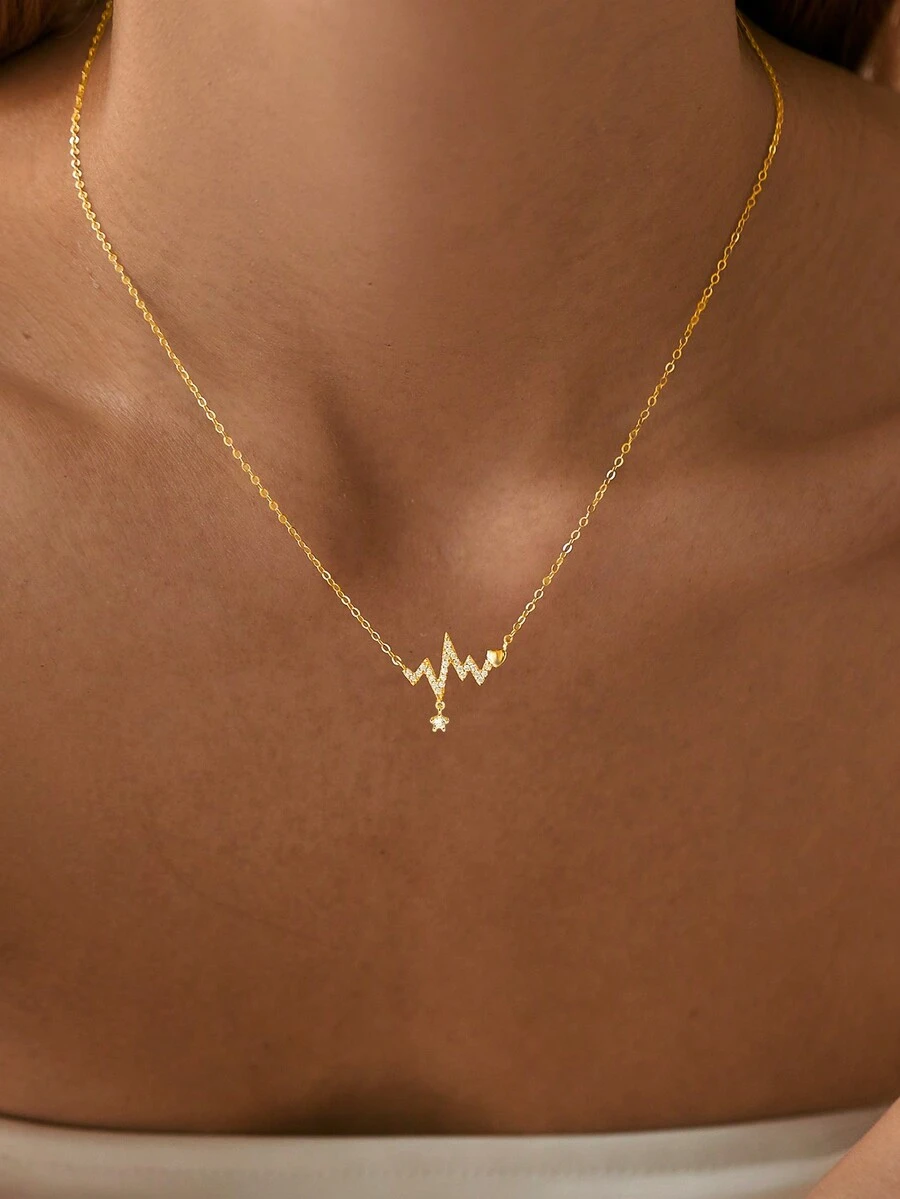 SYMFNY 1 件 925 银时尚甜美个性化闪电心电图心形吊坠项链 - 金黃色 - 查看 1