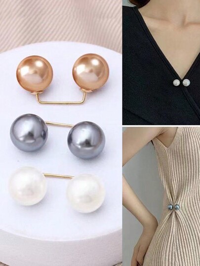 3pcs Pearl Brooch Pins For Clothing, Anti-Slip Pin For Dress Waist Cinching, Collar Adjusting, Scarf Securing, Fashion Accessories, 0.43in Faux Pearl Button
