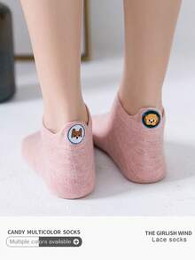 5對/組女童卡通狗刺繡休閒夏季低口襪，透氣舒適吸汗，日系款式 - 黑色 - 查看 5