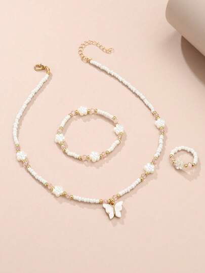 3 Stücke/Set Mädchen Perlen Blumen & Schmetterling Halskette, Armband, Ring Set