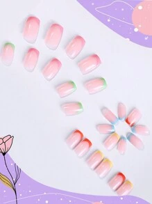 24片短方形假指甲，INS風格綠色、黃色、橙色、粉色、藍色法式光澤指甲。附1片果凍膠和1片指甲文件。按壓式假甲指甲用品 - 彩色 - 查看 2