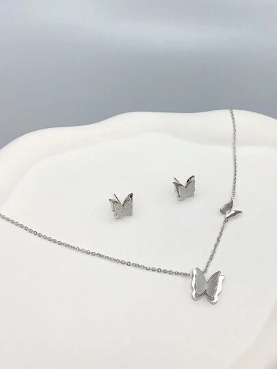 3 件女士 18K 镀金不锈钢喷砂蝴蝶项链和耳环套装，适合生日/母亲节/情人节、舞会珠宝、波西米亚风/节日/婚礼季节情人节