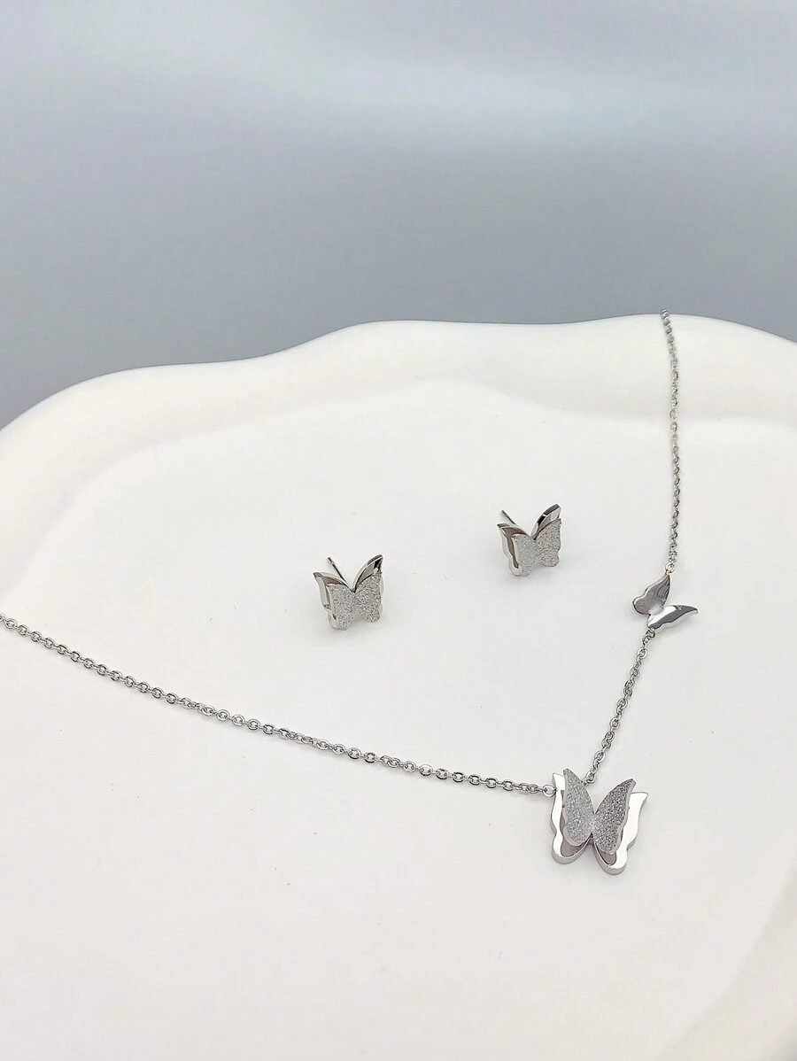 3pcs Women's 18K Gold Plated Stainless Steel Sandblasted Butterfly Necklace And Earrings Set, Ideal For Birthday/Mother's Day/Valentine's Day, Dance Party Jewelry, Bohemian/Holiday/Wedding Season Valentines - Silver - View 1