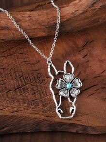 Vintage Western Style Ox Head Flower Turquoise Hollow Pendant Necklace Women Bohemian Farmhouse Personalized Necklace Gift For Her Valentines,Mom,Mother,Mother's Day,Gift