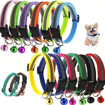 10pcs Random Reflective Pet Collar, Breakaway Cat Collar With Bell, Mixed Colors Reflective Dog Collars