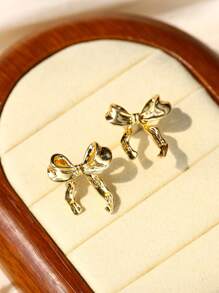 1pair Gold Stainless Steel Bow Knot & Ribbon Design Stud Earrings Suitable For Women's Daily Wear, Jewelry Gift
