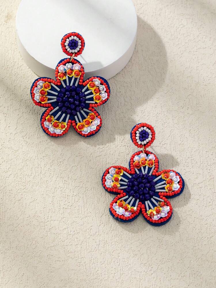 1 par de aretes con flores y cuentas de arroz para el Día de la Independencia de EE. UU. - Multicolor - Añade 1