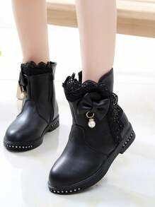 1pair Classic Lace Flower Ankle Boots With Pearls For Girls