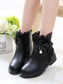 1pair Classic Lace Flower Ankle Boots With Pearls For Girls