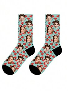 1 par de calcetines de media pantorrilla para mujeres con impresión personalizada de texto y rostro, diseño personalizado de foto y rostro divertido para parejas, regalo de San Valentín, cumpleaños y otras ocasiones