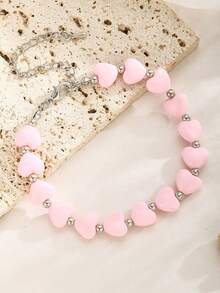 1条甜美粉色心形串珠手链，适合女孩夏季海滩度假户外日常佩戴，可作首饰配饰或礼物。 - 粉色 - 查看 2