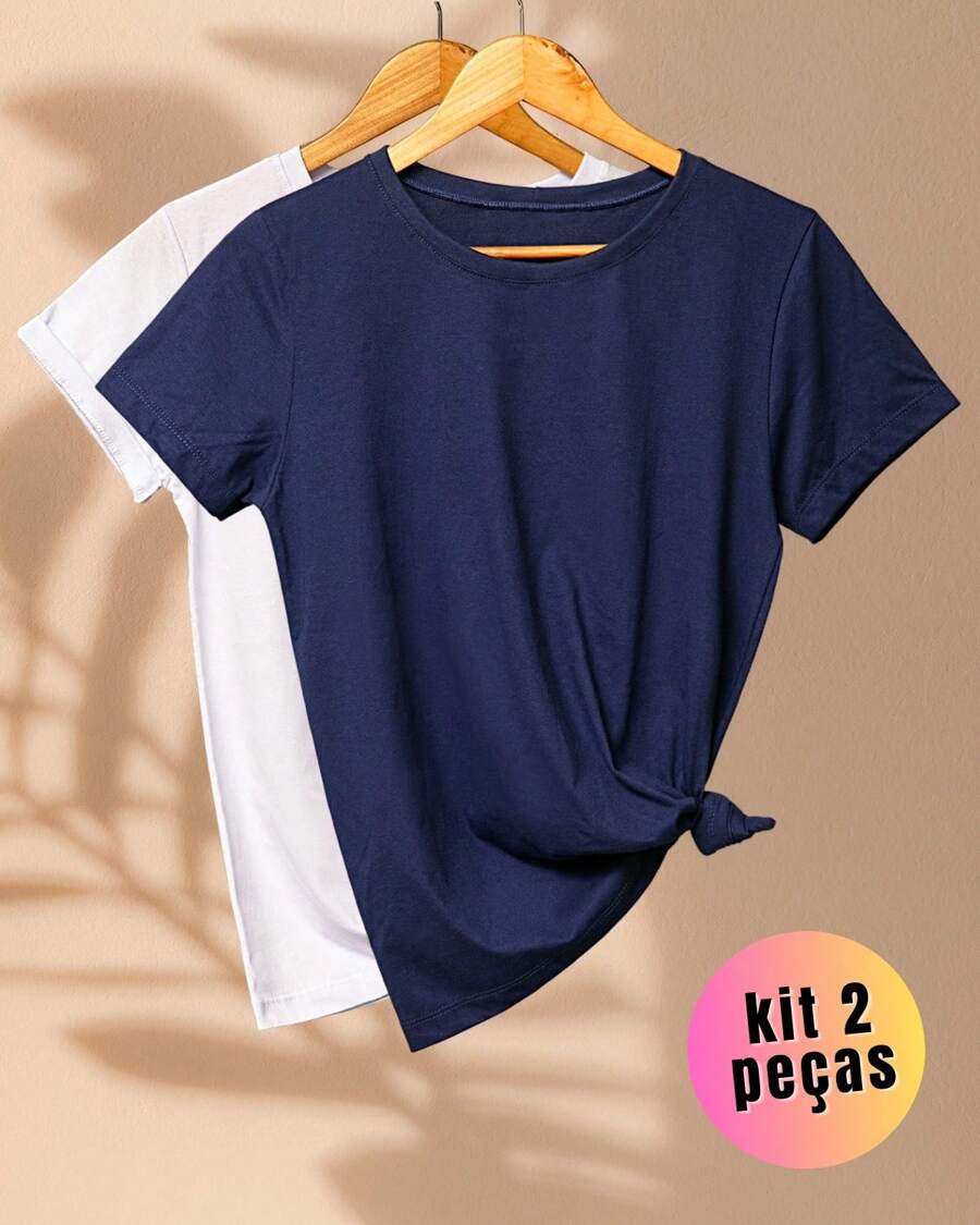 kit 2 camisetas femininas 100% algodão manga curta - Azul e Branco - Visão 1