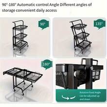 1 pieza Estante de almacenamiento multifuncional con ruedas de piso, 3 capas de estante plegable ajustable y rotativo, organizador de carrito de empuje manual - Negro - Ver 7