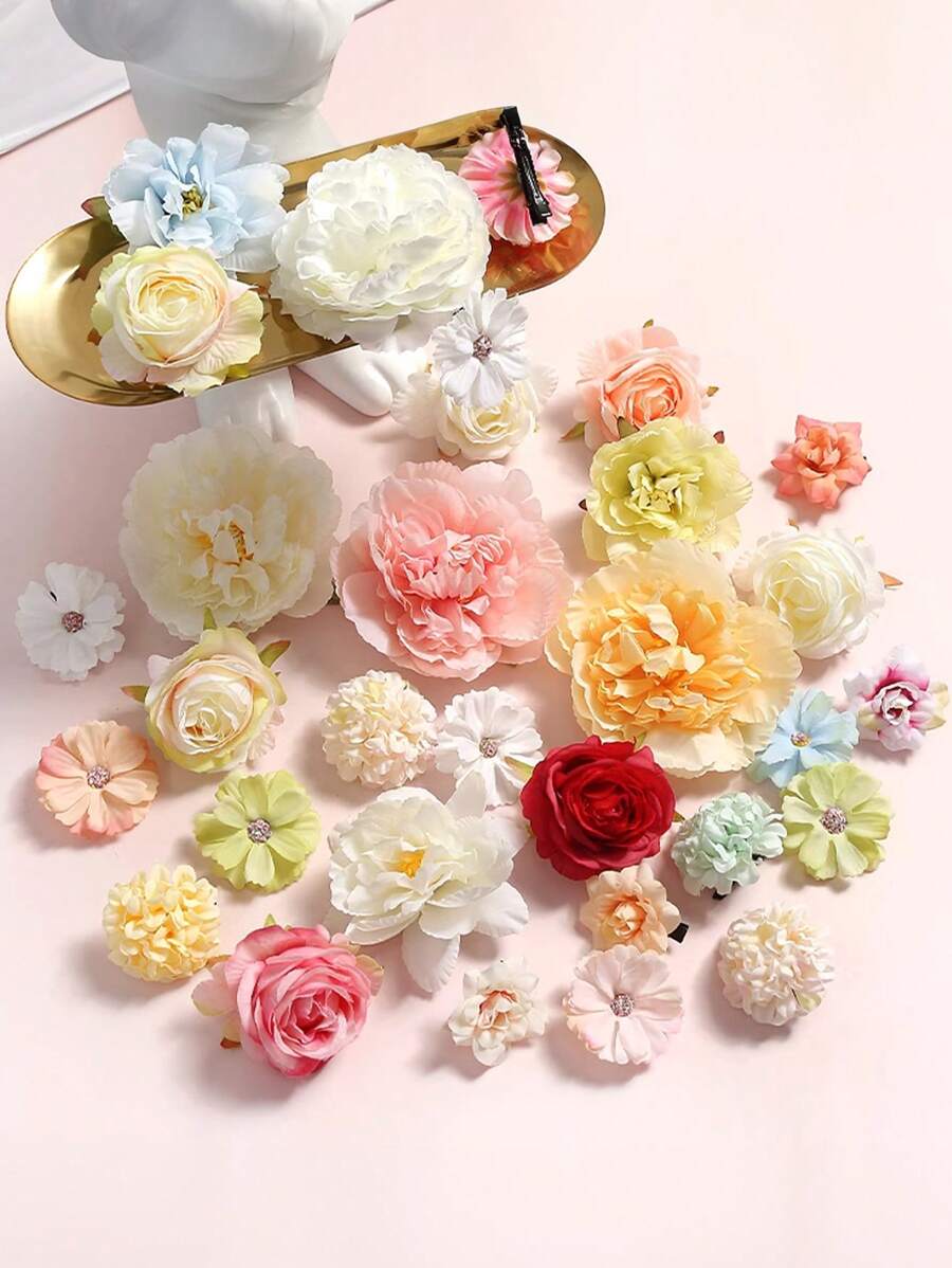10件套人造花夏季度假配饰，颜色随机，包括花朵发夹、发卡、发饰、夏季爪夹、发爪、发卡，适合上学、度假、旅行等场合。 - 彩色 - 查看 1