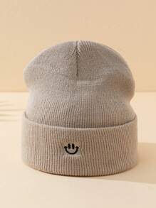 1pc Women's Solid Color Candy-Colored Embroidered Smiling Face Knit Hat, Suitable For Autumn/Winter, Daily Wear And Travel - White - View 4