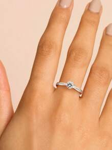 1 pieza Anillo de compromiso para mujer con diamante Moissanite con chip de 0.5 quilates y 6 garras para joyería de boda nupcial - Plateado - Ver 6