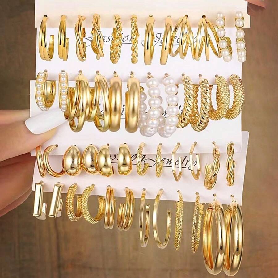 24對/組歐美新款珍珠鑲嵌金屬耳環方形幾何環耳環套裝 - 金色 - 查看 1