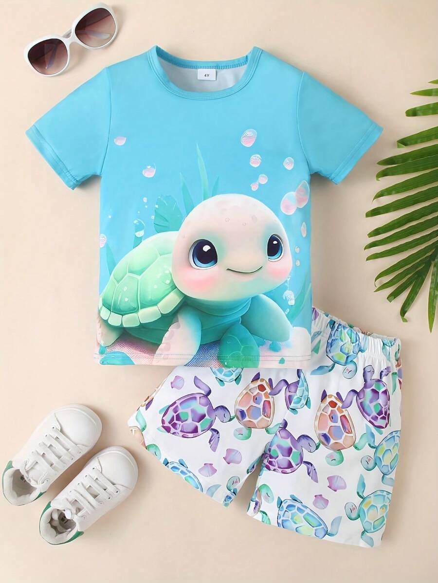 Bộ 2 cô gái trẻ thường ngày dễ thương 3D Rùa in áo thun ngắn tay và quần short, mùa hè - Màu xanh lam - Xem 1
