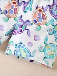 Bộ 2 cô gái trẻ thường ngày dễ thương 3D Rùa in áo thun ngắn tay và quần short, mùa hè - Màu xanh lam - Xem 7