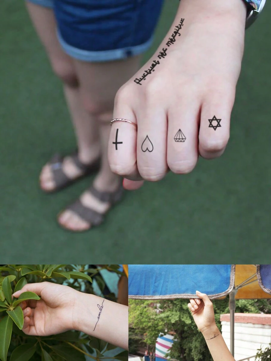 2张女士纹身贴纸，爱心卡通励志语录 - 黑色 - 查看 1