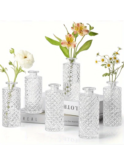 6pcs Glass Flower Vases, 5.2 Inch Tall Mini Rhinestone Vases In Bulk, Small Vases For Decor, Center Pieces, Vintage Bottles For Tabletop, Wedding, Party, Home, Halloween And Decor Gifts Birthday Graduation Home Decor Room Decor Glass Vase