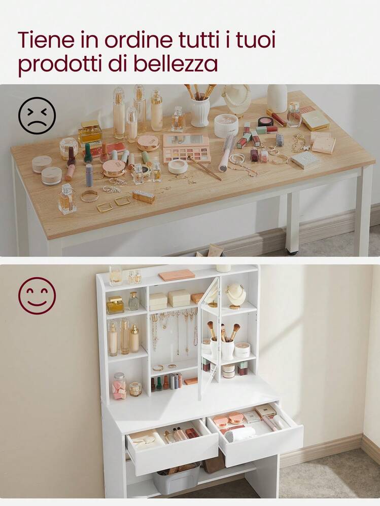 Tavolo da toeletta moderno con specchio a LED, 3 modalità di illuminazione, 2 cassetti e 3 ripiani, scrivania compatta per piccoli spazi (bianco