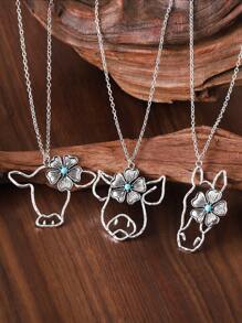 Vintage Western Style Ox Head Flower Turquoise Hollow Pendant Necklace Women Bohemian Farmhouse Personalized Necklace Gift For Her Valentines,Mom,Mother,Mother's Day,Gift