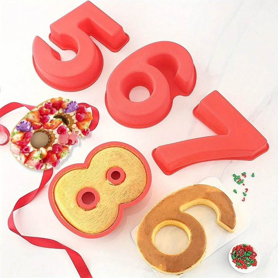 1Pc Silicone Numbers Cake Molds, 3D Baking Silicone Mould, Large/Small Number Cake Pan Set, 0-9 Numbers Cake Pans, Silicone Baking Pans For Birthday And Wedding Anniversary 3D Baking Molds Numbers - Red (large) - View 1