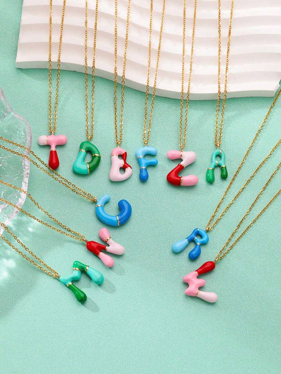 1入組多巴胺彩色氣泡字母頭飾項鍊，適合女孩子，可愛的氣球字母名稱項鍊，不鏽鋼鎖骨鏈，夏季時尚珠寶配飾（隨機顏色）