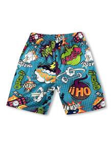 2pcs Tween Boy Casual Sports Letter & Smiling Face Print T-Shirt And Fashionable Casual Print Beach Shorts, Spring/Summer