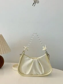 Solid Color Simple Folded PU Pearl Chain Crescent-Shaped Handbag Shoulder Bag - Beige - View 5