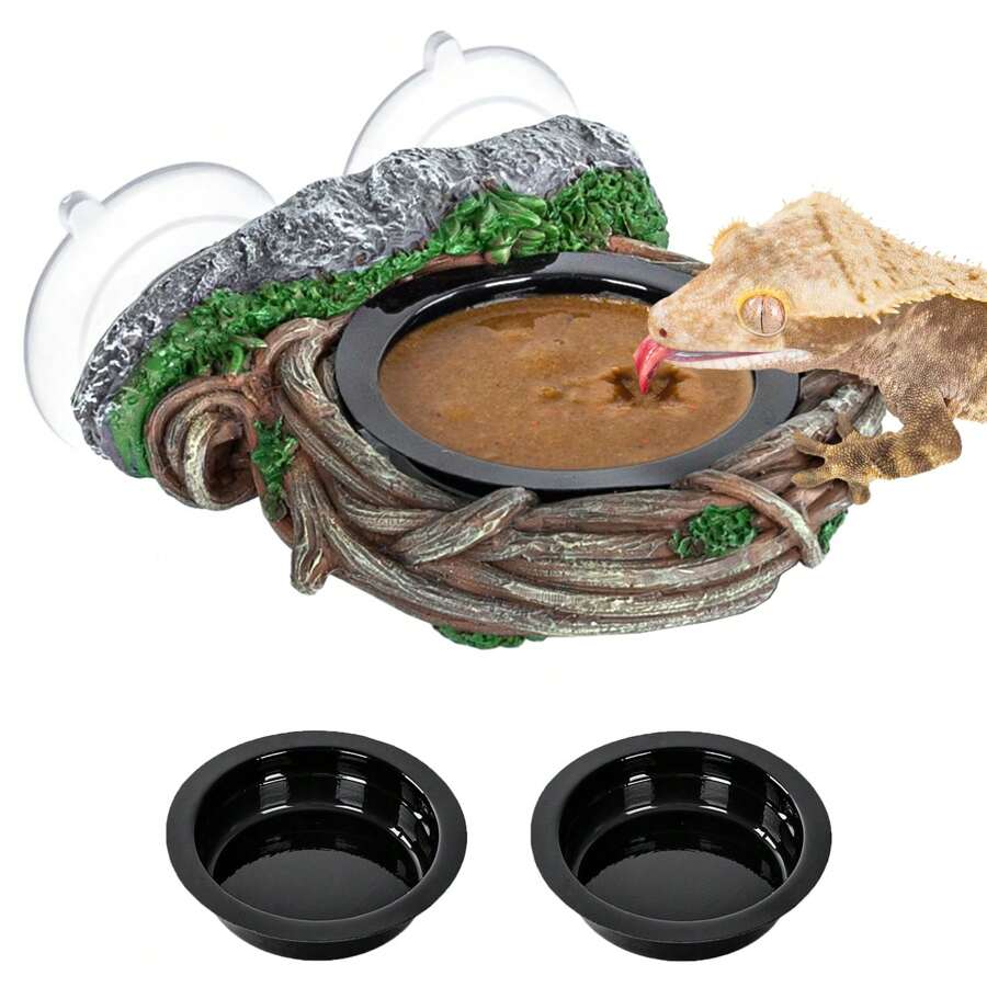 REPTI ZOO Crested Gecko Feeding Ledge, Reptile Water Food Dish For Bearded Dragon Lizard Snake Turtle, Vine Reptile Feeder Bowl Terrarium Tank Decor Accessories - Single Feeder - View 1