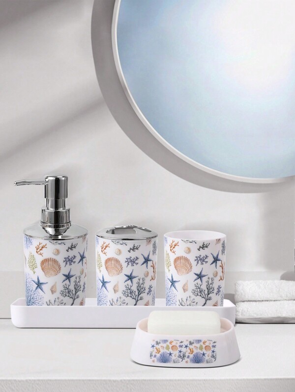 5pcs/Set Fresh Ocean Seashell Themed Bathroom Accessories Set Including Hand Soap Dispenser, Toothbrush Holder, Soap Dish, Mouthwash Cup, And Lotion Dispenser For Kitchen Or Bathroom Home Bathroom Decor Fall Decor Back To School