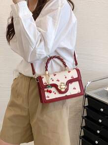 Fashionable High-End Ladies Square-Shaped PU Handbag, Multifunctional Cute Cherry Printed Shoulder Bag, Suitable For Shopping, Dating, Crossbody Bag For Girls, Kawaii Cherry Elements Valentines