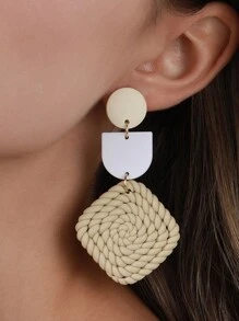 1對原創ins風格時尚手織半圓形半圓形淺卡其色柔軟粘土和白色長耳環,適用於度假和送禮 - 卡其色 - 查看 8