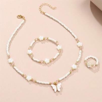 3pcs/Set Girls Beaded Flower & Butterfly Necklace, Bracelet, Ring Set
