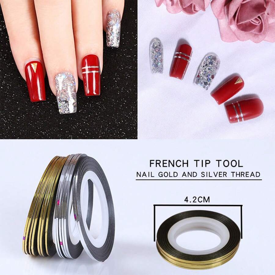 10pcs French Tip Tool Nail Art Gold And Silver Thread Top Glue Nail Decoration Anniversary, Thanksgiving Day, Christmas Day, Y2K Birthday, Festival, Valentine's Day, Mother's Day, Salon DIY Nail Polish Ideal Gift: Enjoy Nail Polish Art Time At Home With Family And Friends Nail Stickers For Nail Art Nail Charms Nail Gems Nail Supplies - Multicolor - View 1