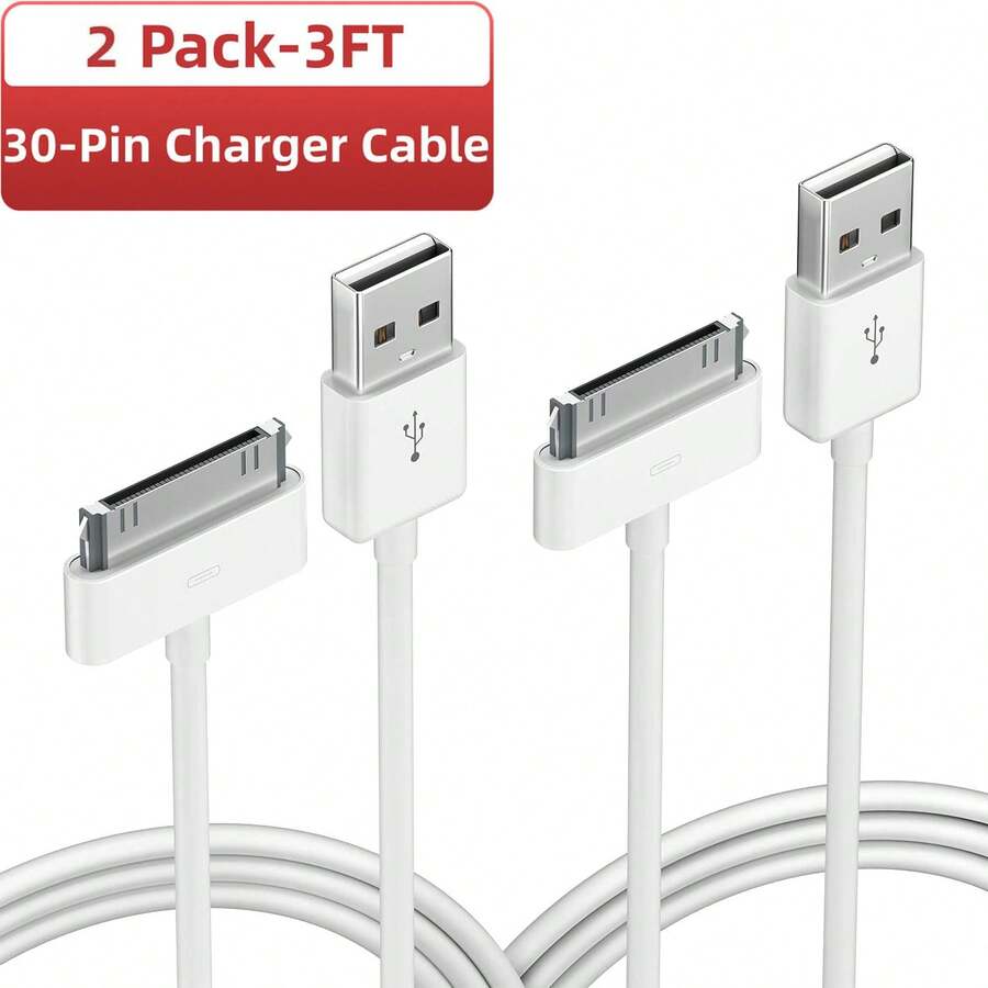 2 Packs 30-Pin Charger Cable Compatible With Old 4 4S 3GS, IPad & IPod Classic 1st 2nd 3rd Generation, IPod Touch 4th, IPod Nano 5th 6th Gen, USB Fast Charge & Sync Charging Cord - White - View 1