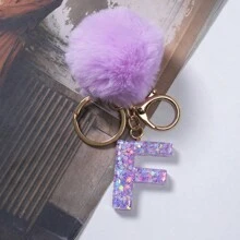 1入組可愛的紫色樹脂星星圖案毛絨球裝飾字母鑰匙扣掛飾毛絨鑰匙扣、錢包鑰匙扣、包裝飾字母鑰匙扣、字母形汽車鑰匙扣掛飾、防丟鑰匙扣，是給朋友、同事、同學、家人的絕佳禮物