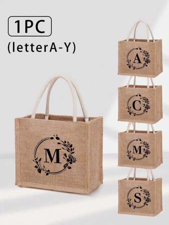 1 件字母印花袋手提袋，女士购物袋手提包时尚粗麻布购物袋，教师便携式手提袋，购物手提包、午餐袋的理想选择，适合女性、约会、生日、节日、返校、度假、海滩、旅行、通勤、商务、学生、野餐、露营、超市、日常收纳、波西米亚风