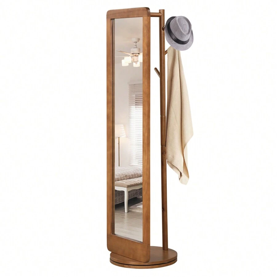 Full Length Mirror With Coat Rack, 2-In-1 Freestanding Dressing Mirror With Solid Wood Frame & 360° Rotating Base, Mirrored Floor Clothes Hanger For Living Room, Bedroom & Cloakroom - Brown - View 1