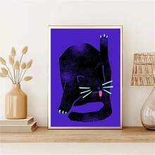 1 幅，复古黑猫动物海报懒散猫抽象帆布画现代北欧印刷墙壁艺术画客厅卧室装饰，无框架 - 藍色 - 查看 4