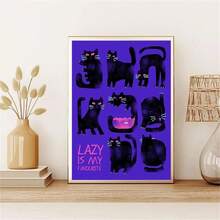 1 幅，复古黑猫动物海报懒散猫抽象帆布画现代北欧印刷墙壁艺术画客厅卧室装饰，无框架 - 藍色 - 查看 3