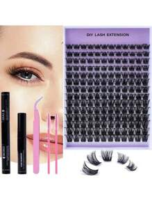 8-16mm 154 Stücke DIY Wimpernverlängerungs-Set, Einzelwimpern-Cluster D Curl mit Klebstoff, Pinzetten-Tools für Anfänger, falsche Wimpernverlängerungen
