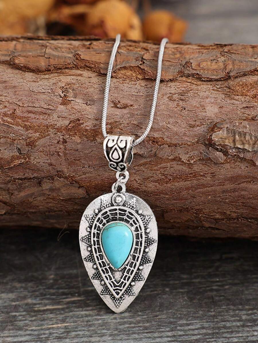 Mặt dây chuyền ngọc lam hình giọt nước khắc cổ điển, Vòng cổ ngọc lam Bohemian, 1 cái - Màu Bạc Cổ - Xem 1