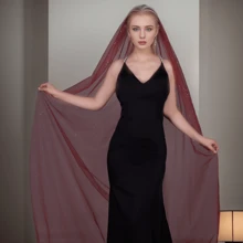 1pc Pure Handmade Burgundy Gold-Stamped Head Veil For Wedding, Stage Performance Or Other Occasions Fall Clothes For Women - Multicolor - View 6